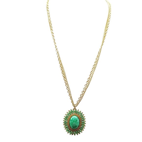 Vintage Gold-Tone Sunburst Pendant Necklace with Green Marbled Cabochon & Long - Picture 1 of 4